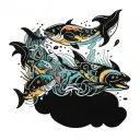 A futuristic underwater scene with robotic whales swimming alongside colorful fish tattoo design idea