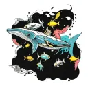 A futuristic underwater scene with robotic whales swimming alongside colorful fish tattoo design idea