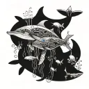 A futuristic underwater scene with robotic whales swimming alongside colorful fish tattoo design idea