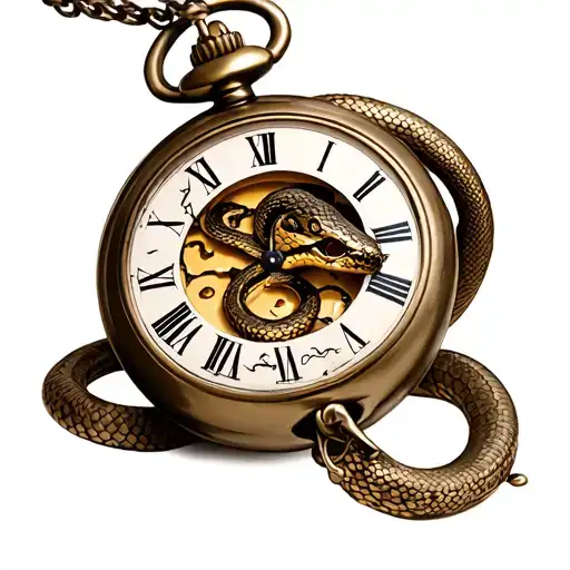 elegant retro broken pocket watch with a snake coming out from inside tattoo design idea