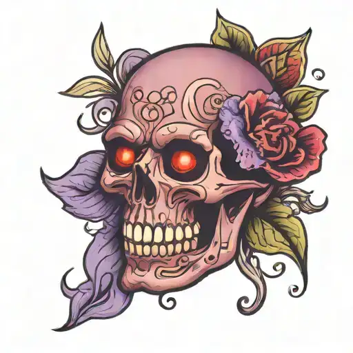Tattoo of  red skull with magical purple flower. It pretty and small on hand tattoo design idea