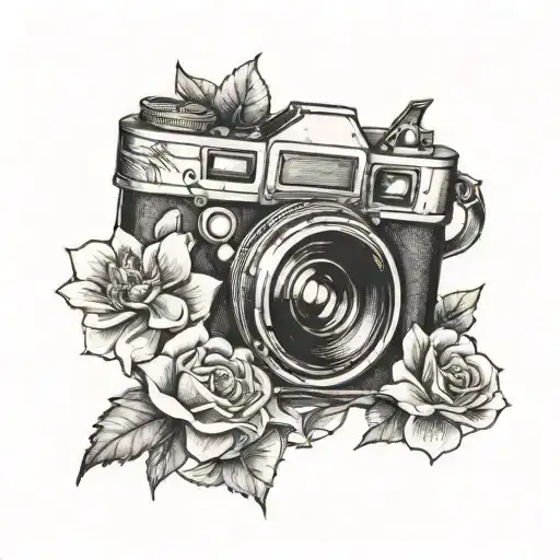 camera, flowers, plane , heart tattoo design idea