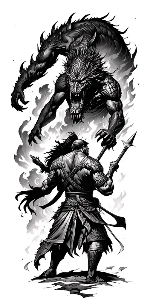 samuri warrior battling a demon with a valley on fire in the background tattoo design idea