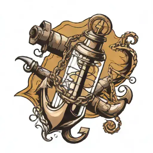 In old school style: in an empty glass bottle there is a ship anchor with a chain, a compass, tattoo design idea