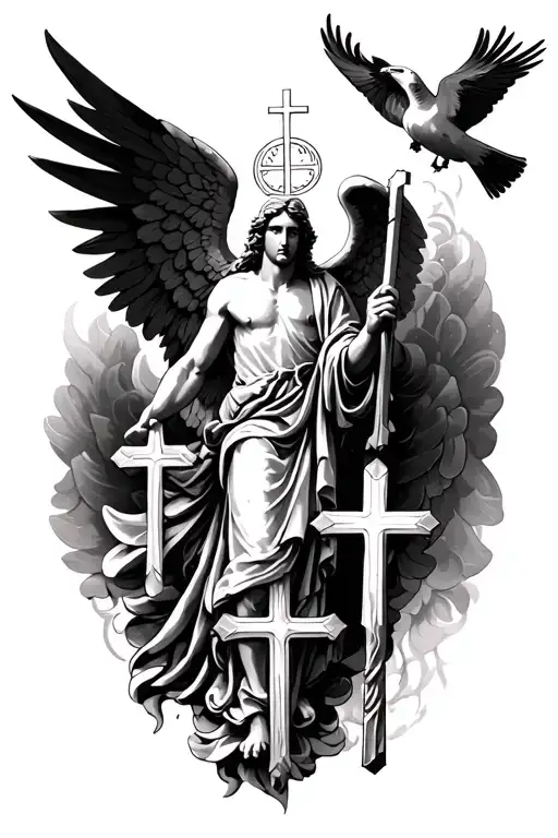 Saint michael archangel on lower wrist, then 3 crosses, then a dove on top tattoo design idea
