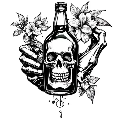 a bottle of strong drink in the hands of a skeleton tattoo design idea