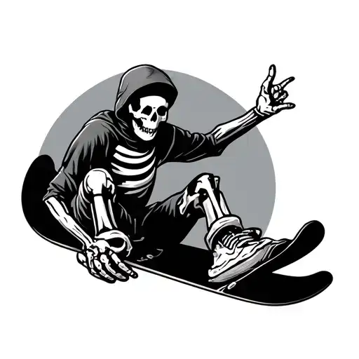 Skeleton Snowboarding holding up shaka tattoo design idea