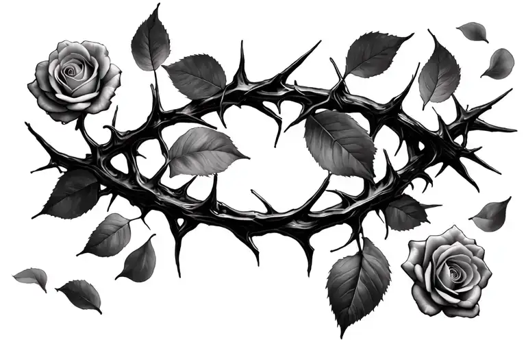 “Realistic crown of thorns wrapping around the collarbone and over the shoulder, intertwined with scattered rose petals  tattoo design idea