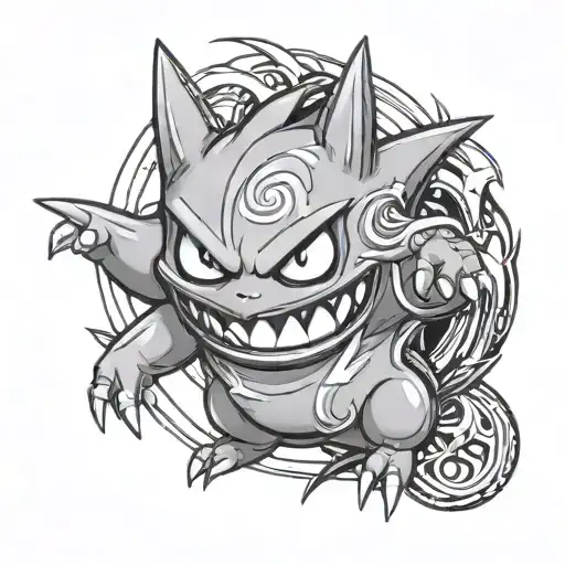 Create an image of an tattoo Desgin with marshadow,gengar and darmanitan from pokemon  tattoo design idea