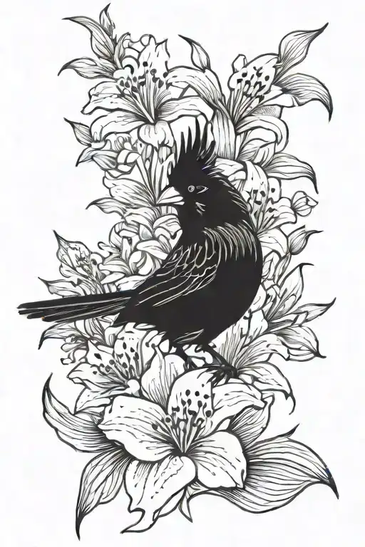 a back tattoo or a red cardinal losing feather with lily flowers around it tattoo design idea