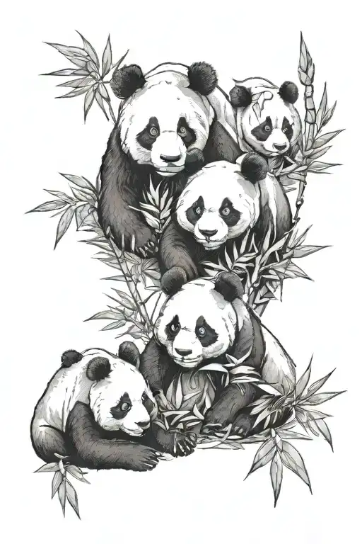 panda family of four with bamboo leaves around him tattoo design idea