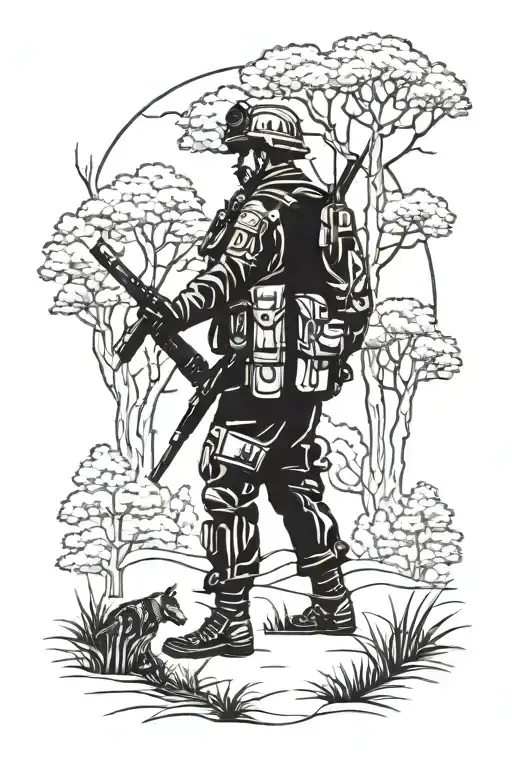 A blackwork tattoo of a peaceful forest scene with a lone soldier standing guard, symbolizing the client's occupation as an Army infantry officer and love for the outdoors tattoo design idea