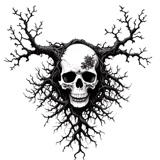 black and white rowan tree, skull tangled in roots  tattoo design idea