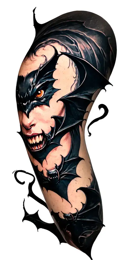 shoulder tattoo with bat faces and black whisps tattoo design idea