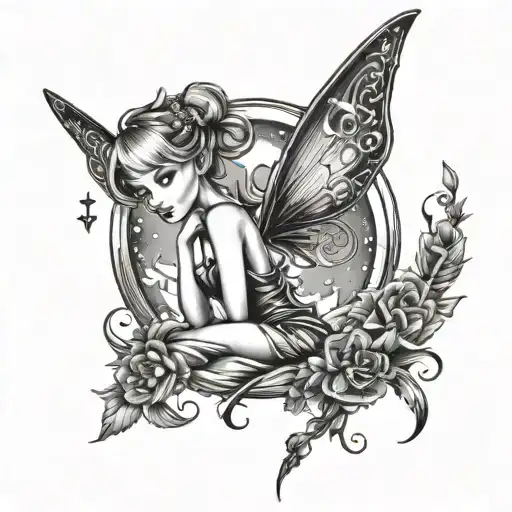 tinkerbell tattoo that says "I love you to the moon and back forever and ever" tattoo design idea