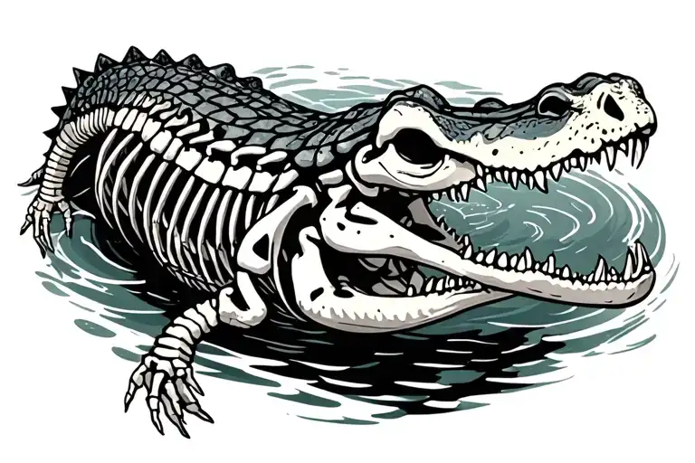 alligator swimming skeleton tattoo design idea
