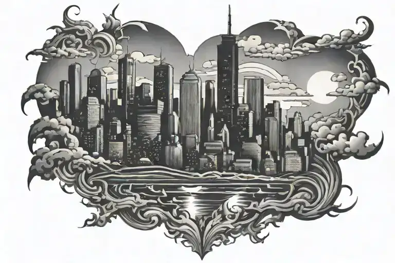 "All lights turned off, can be turned on." with a city scape lights off on one side on on the other  tattoo design idea