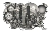 "All lights turned off, can be turned on." with a city scape lights off on one side on on the other  tattoo design idea