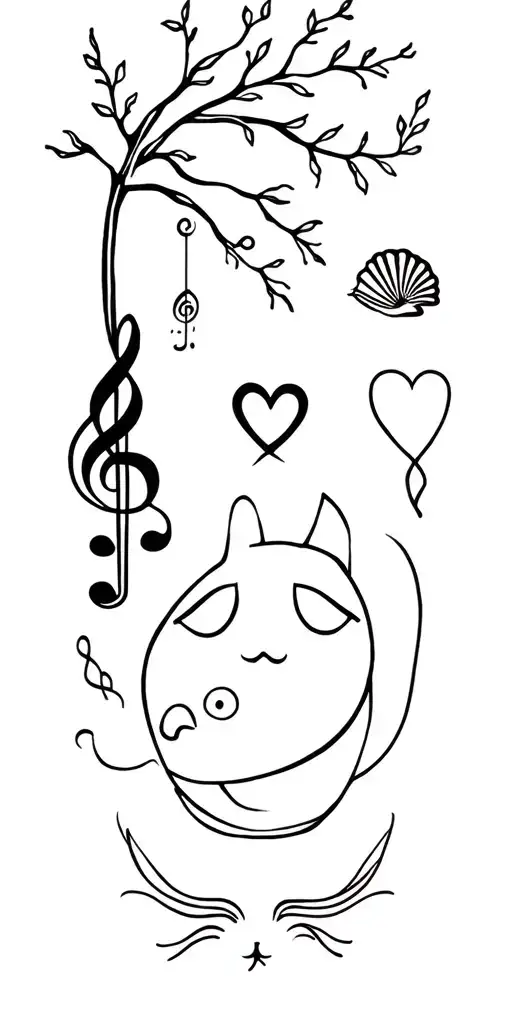 Minimalist tattoo for left arm including a tree, a treble clef, a sea shell, a heart, a ribbon and a cat face as one who tattoo design idea