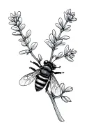 tiny stylized bee (cute, no stinger etx) on a sprig of thyme flower tattoo design idea