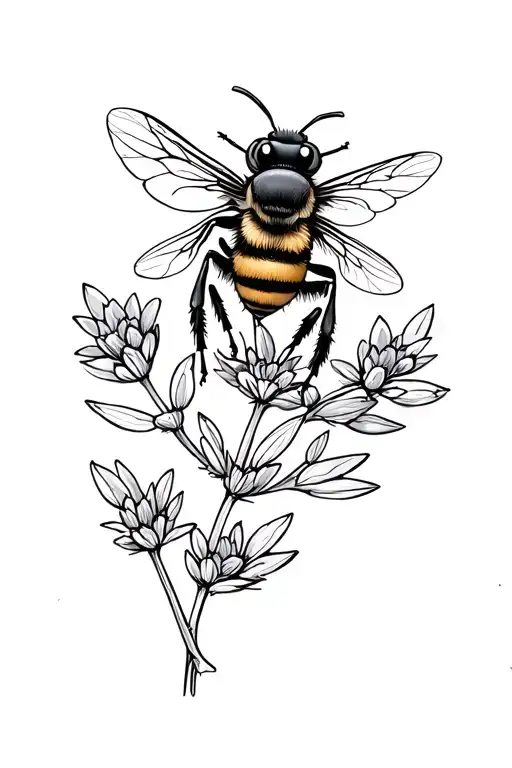 tiny stylized bee (cute, no stinger etx) on a sprig of thyme flower tattoo design idea
