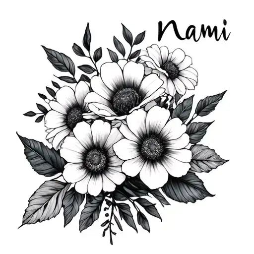 Naomi written into a flower bouquet tattoo design idea