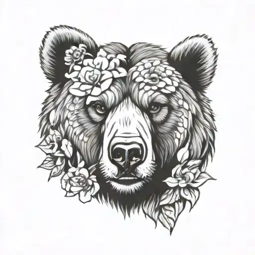 bear face with peone flower blooming tattoo design idea