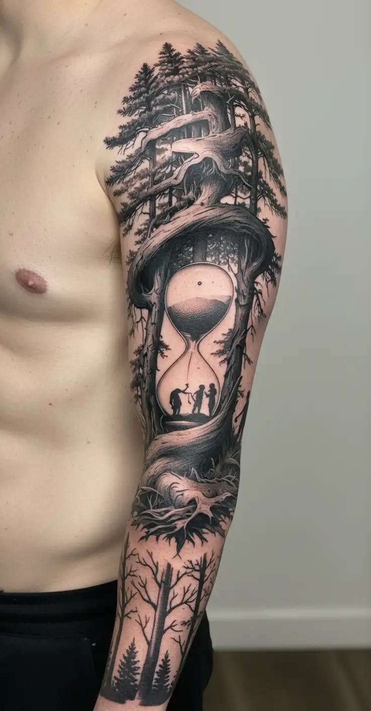 Pine forest wrap around and family tree and hour glass father with 3 kids and golf tattoo design idea