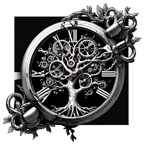 tree of life branching into a broken pocket watch mechanism intertwined tattoo design idea