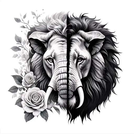 half elephant half lion face roses  tattoo design idea