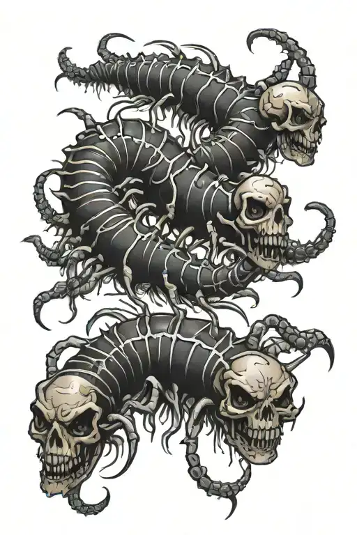 centipede with skulls and spiders tattoo design idea