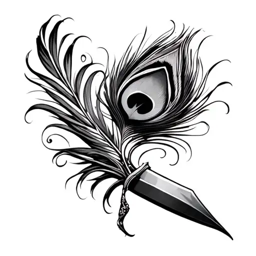 Peacock feather and curved dagger wrapped tattoo design idea