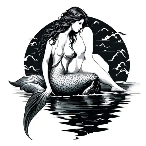 Draw me a detailed line tattoo featuring a mermaid sitting on a rock with the tail starting on the top of the foot  tattoo design idea