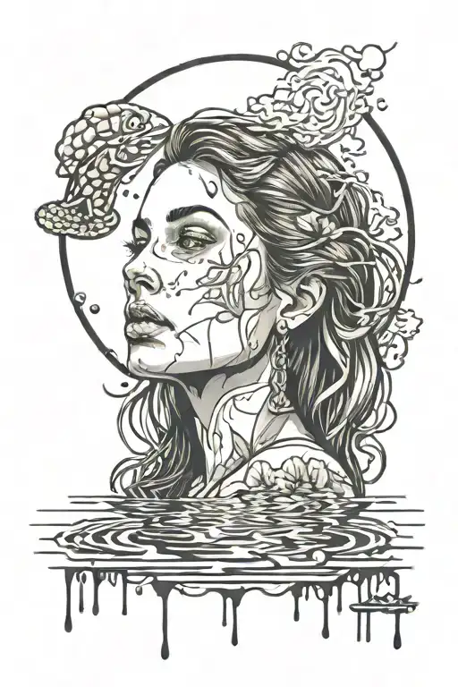 A minimalist tattoo of a girl looking up through murky waters of addiction symbolizing the client's journey of recovery tattoo design idea