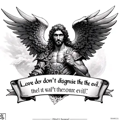 St. Michael with a quote "Love don't disguise the evil" tattoo design idea