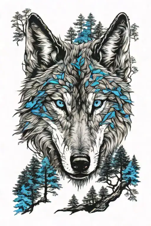 wolf in blue eyes howling forest scene tattoo design idea