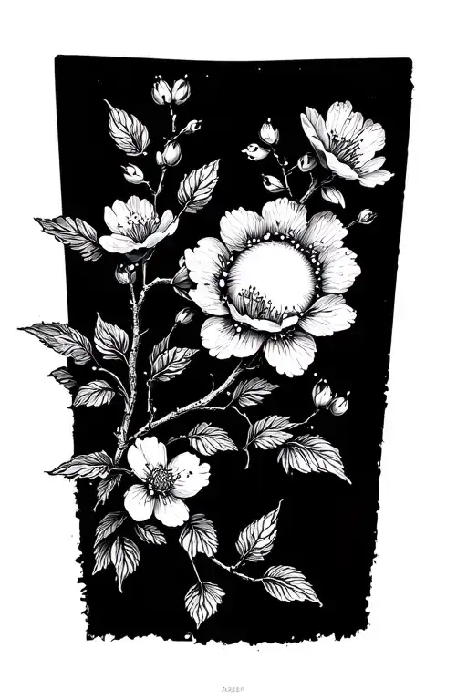 Sun, flowers, blooming cherry blossom tattoo design idea