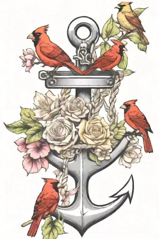 july birth flower flowing out of an anchor with cardinals sitting on a branch  tattoo design idea