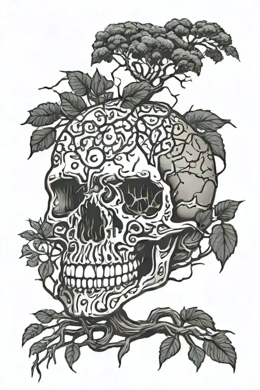 skull with a tree and roots coming tattoo design idea
