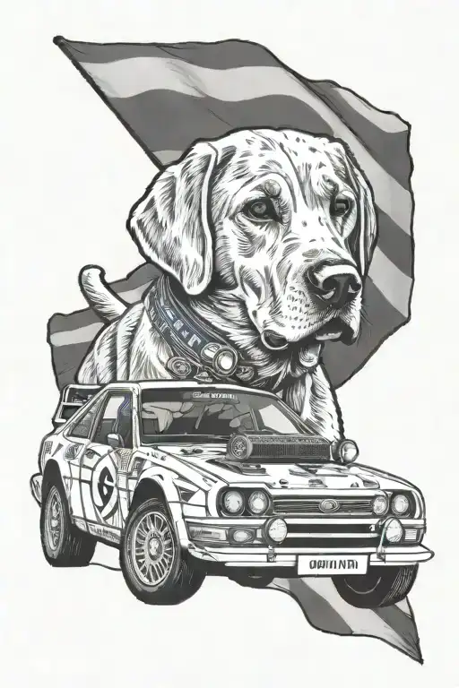 a Ford rally car with a Labrador driving it with a Scotland flag  tattoo design idea