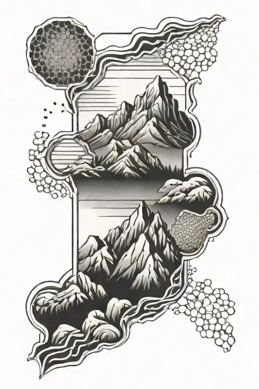 honeycomb sleeve with mountains tattoo design idea