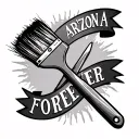 I want a paintbrush crossed with an archaeologist's trowel with banners that say "ARIZONA FOREVER" tattoo design idea