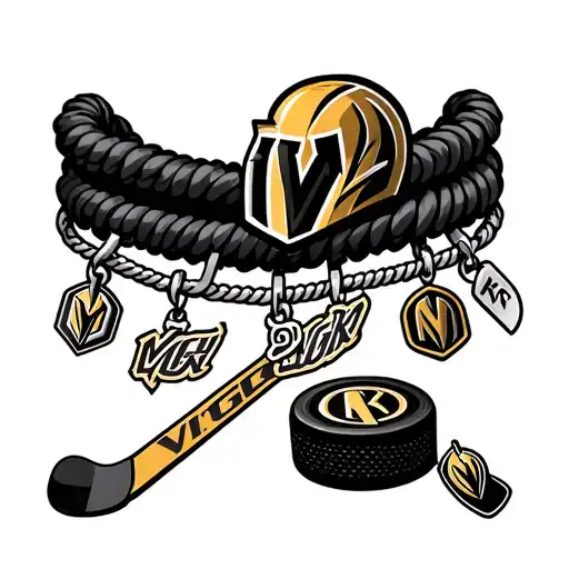 a charm bracelet with the letters "VGK", a hockey stick, a hockey puck, and a golden knights helmet tattoo design idea