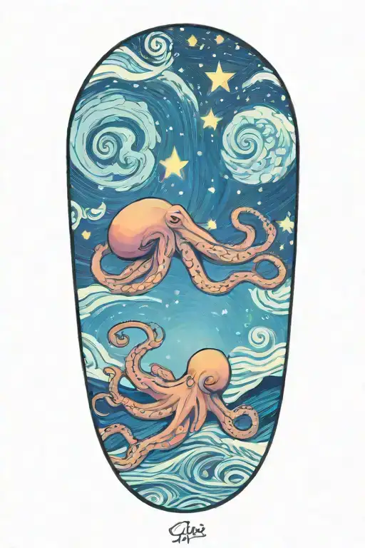 octopus, starry night van gogh tattoo design idea