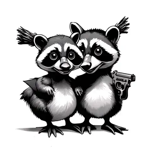 little duck and racoon with two guns tattoo design idea