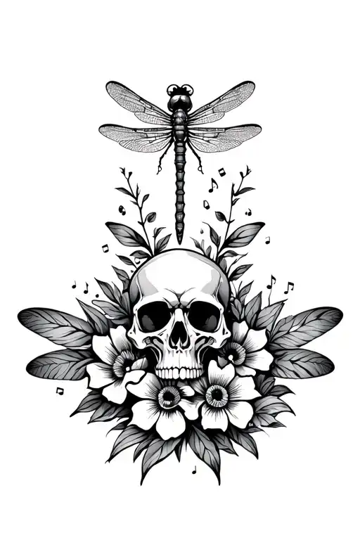 dragonfly, skull, music, flowers tattoo design idea