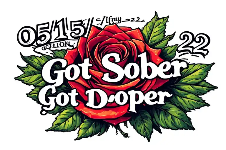"05/15/25 Got Sober Got Doper" concrete rose growing tattoo design idea