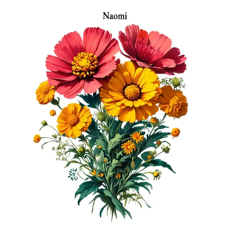 cosmos and marigolds with the name Naomi  tattoo design idea