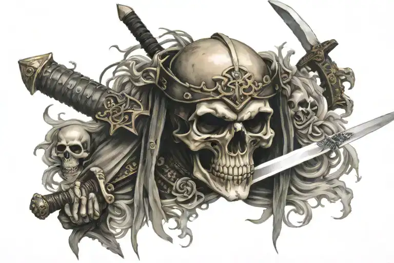 Skull, death, samurai warrior, sword going tattoo design idea