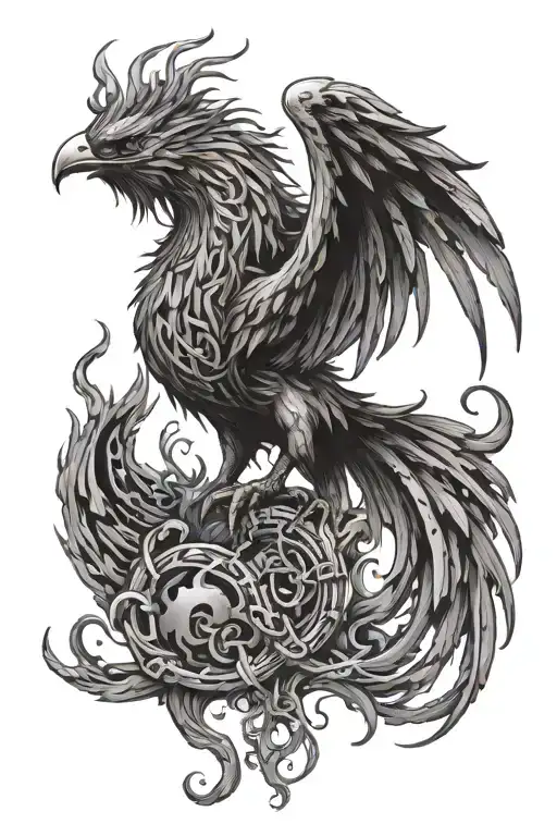 flaming phoenix rising, broken chains, a with a tail that flows into musical notes, holding a jackson dr3 dinky reverse tattoo design idea